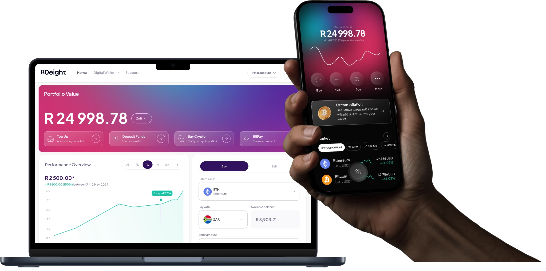Hand holding a smartphone displaying a crypto app with a total balance of R 24,998.78 and a market overview of Ethereum and Bitcoin, next to a laptop showing the same app's portfolio value and performance overview.