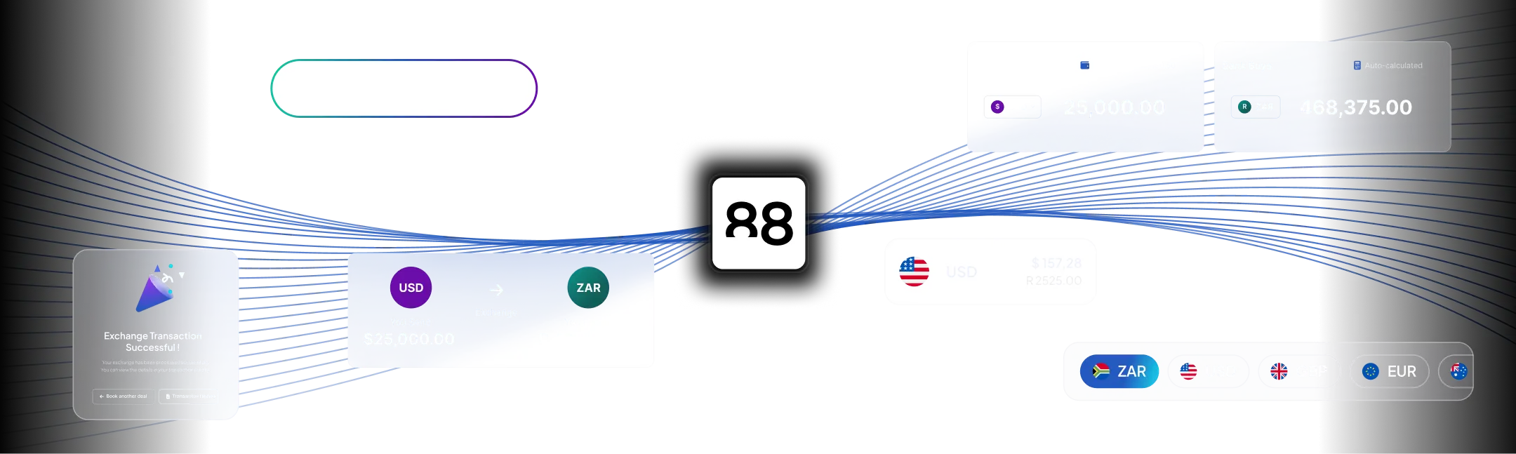 Digital graphic showing currency exchange transaction flow with USD to ZAR conversion and related transaction details.