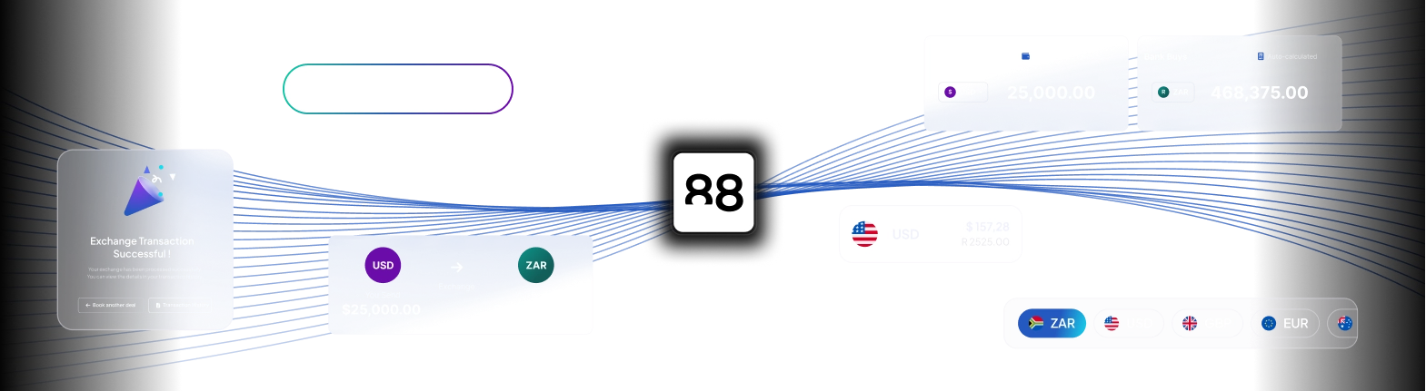 Graphic illustrating a currency exchange transaction of $25,000 USD to ZAR South African Rand, showing a successful exchange and currency options including ZAR, USD, GBP, EUR, and NZD.