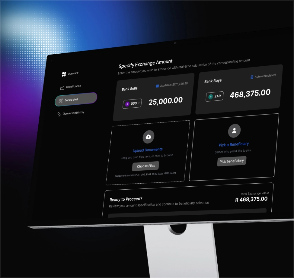 Computer screen displaying a currency exchange interface with options to specify amount, upload documents, and pick a beneficiary.