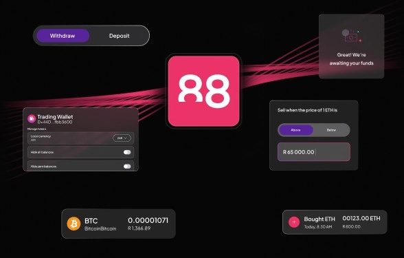 Digital wallet interface showing BTC balance, sell option for ETH, and a confirmation message about awaiting funds.