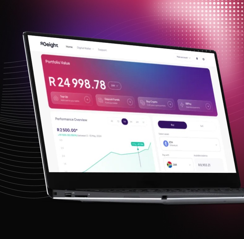 Laptop screen displaying a financial portfolio dashboard with portfolio value, performance overview chart, and options for topping up, depositing funds, buying crypto, and using BPAY.