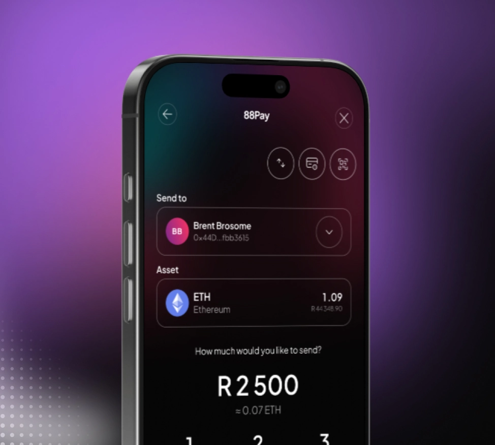Smartphone screen showing a cryptocurrency payment app sending 2500 South African Rand equivalent to 0.07 Ethereum to Brent Brosome.