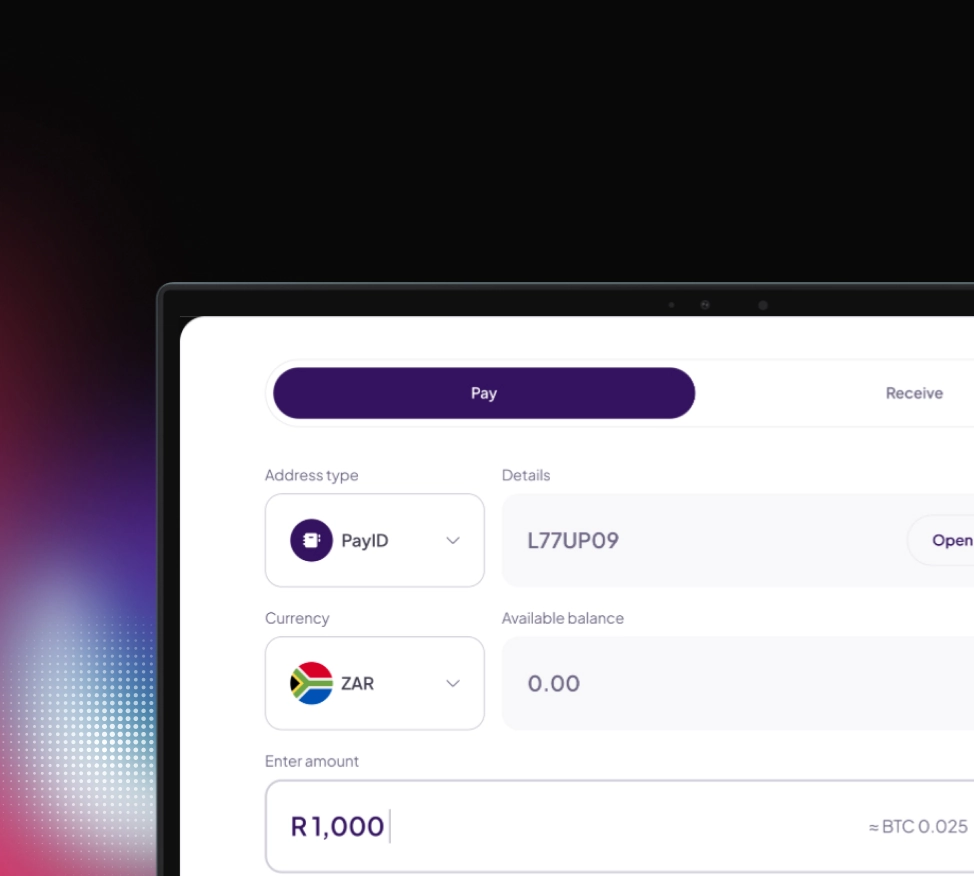 Partial screen showing a digital payment interface with PayID selected, South African Rand currency, zero balance, and an input amount of R1,000.