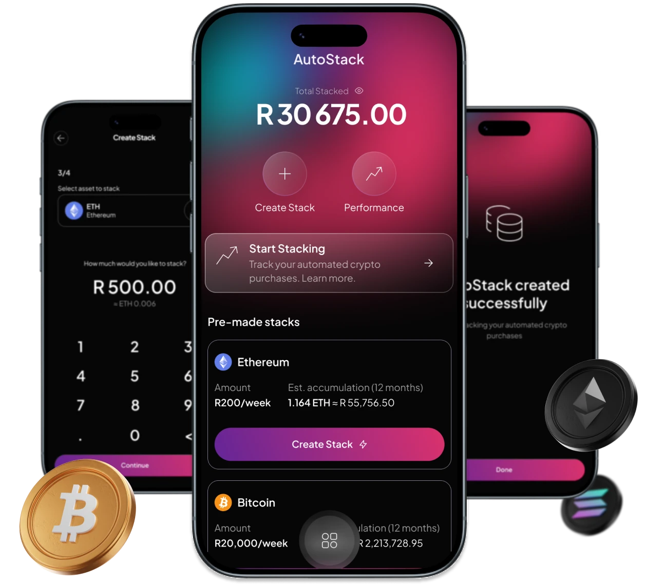 Three smartphones showing a crypto stacking app with options to create stacks and track Ethereum and Bitcoin investments, surrounded by floating Bitcoin, Ethereum, and Solana coins.