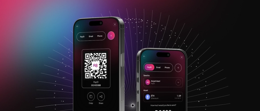 Two smartphones displaying a cryptocurrency payment app with QR code and send options for PayID, email, or phone.