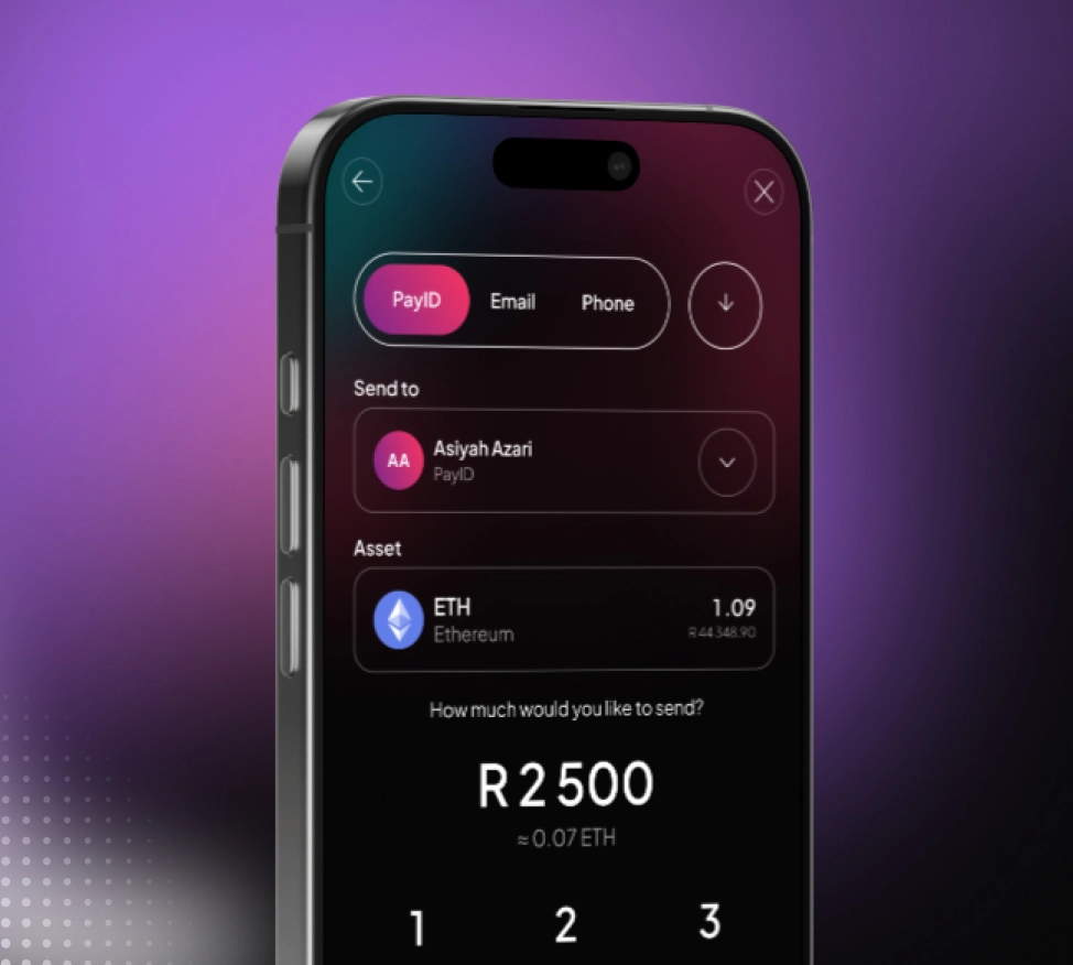 Smartphone screen showing a cryptocurrency payment app interface to send Ethereum with recipient Asiyah Azari via PayID and amount R2500.