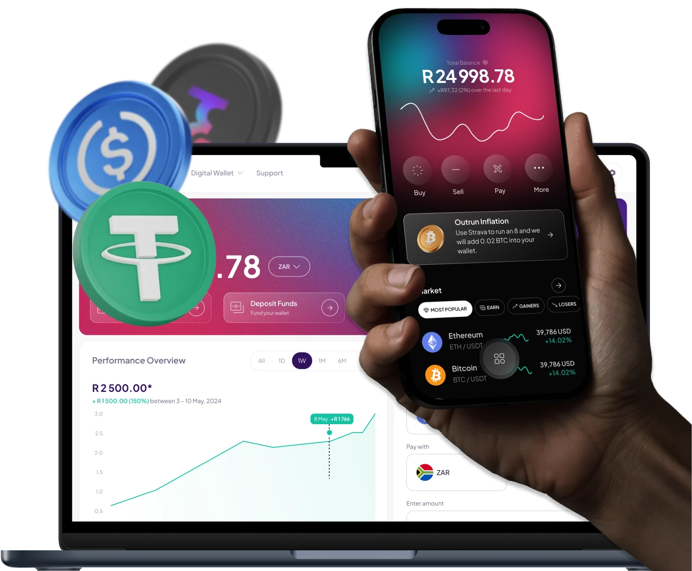 Hand holding smartphone displaying cryptocurrency app with total balance in South African rand and market data for Ethereum and Bitcoin, with laptop screen showing digital wallet and performance graph in background.