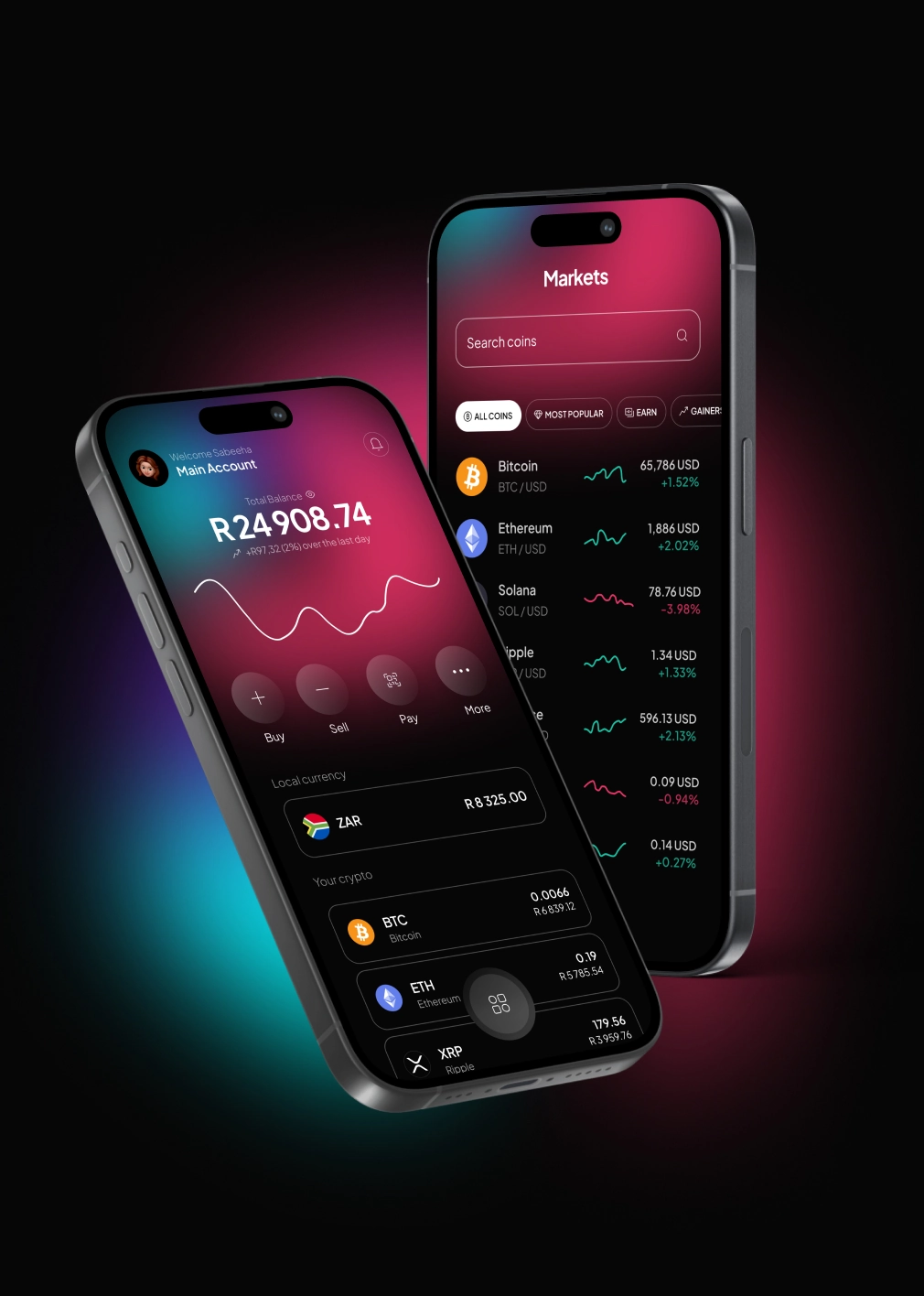 Two smartphones displaying a cryptocurrency trading app with account balance, coin prices, and market trends on a dark gradient background.