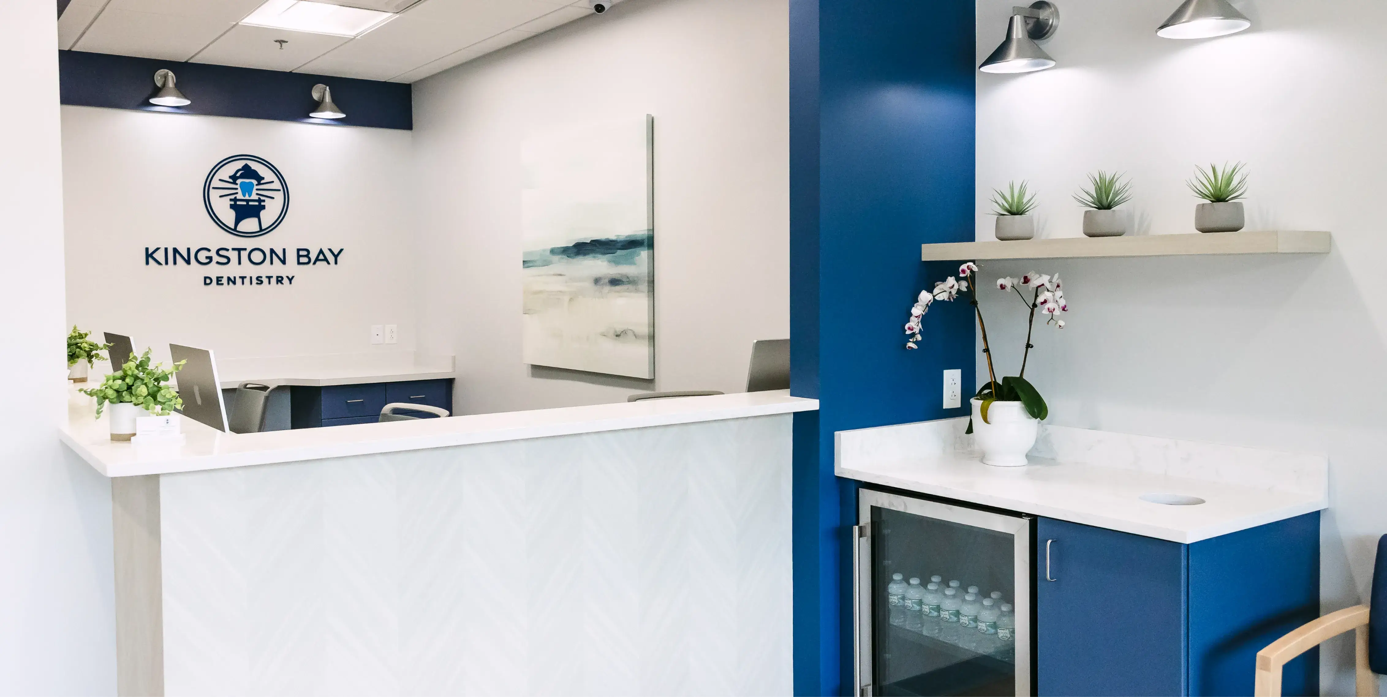Dental office reception area with a front desk, two computers, and a shelf with plants.