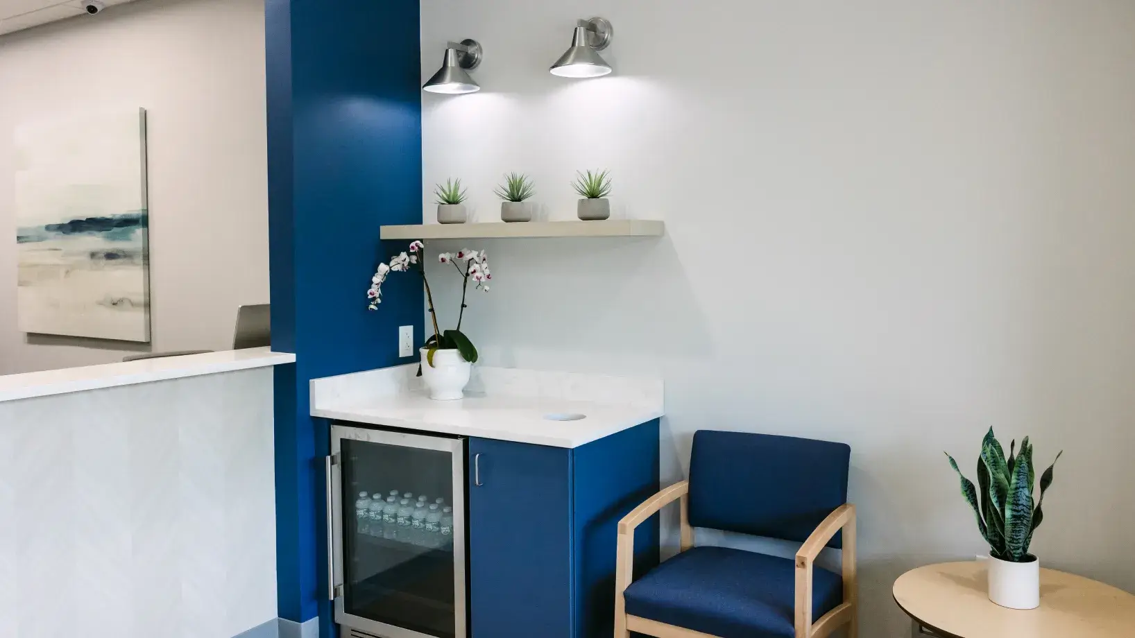 A waiting room corner with a chair, small fridge, and shelf holding potted plants.