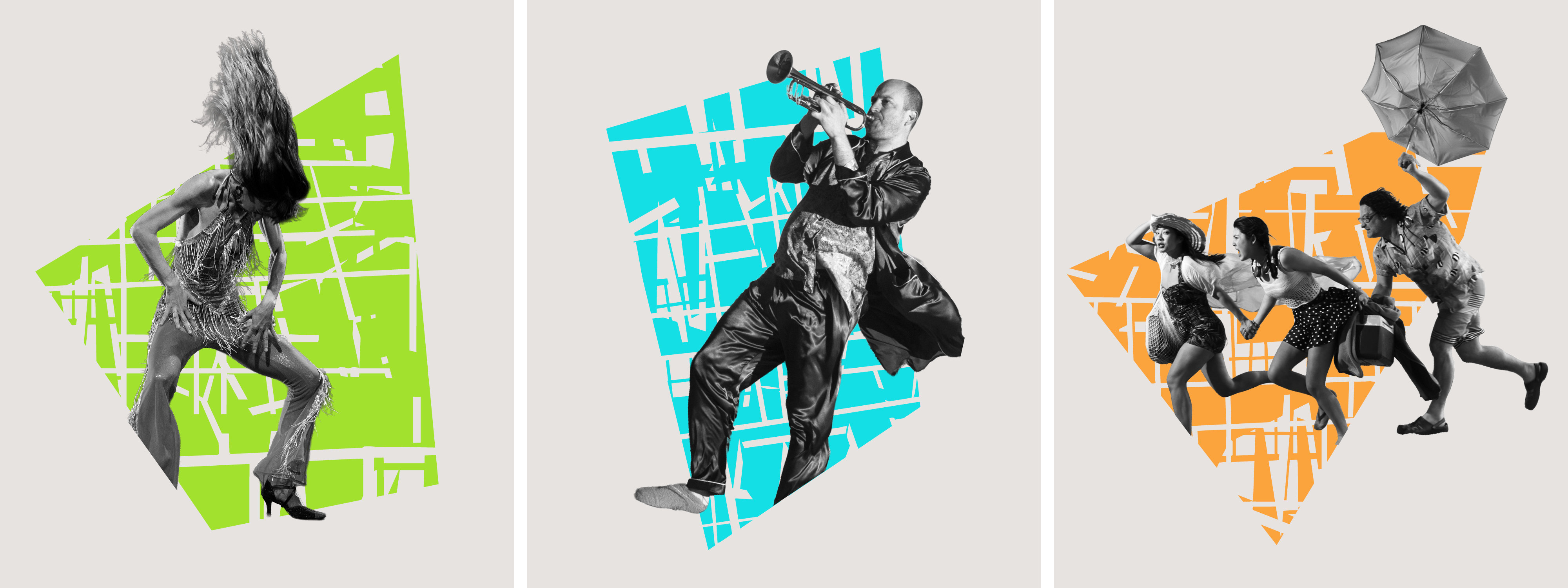 Black and white images of people on top of colorful city grid, from the 2026 Fringe Festival Brand. 