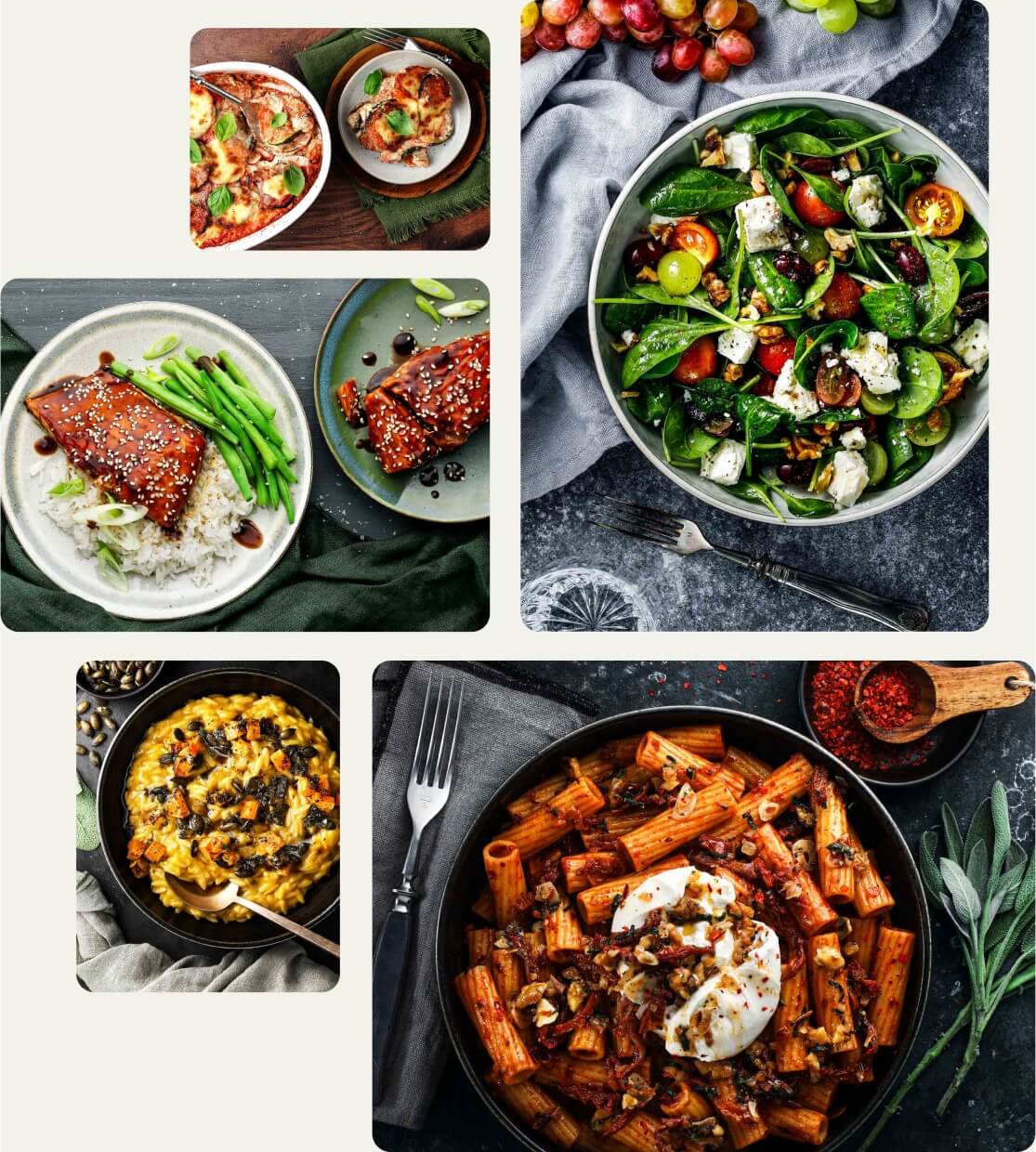 A collage of delicious KptnCook recipes: pasta, salad, salmon and risotto