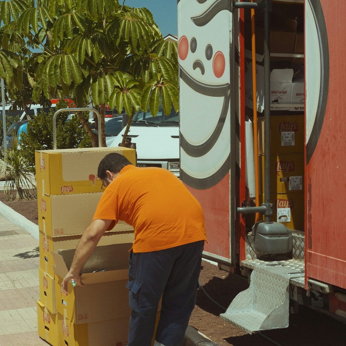 Professional mover handling stacked boxes beside an open moving truck, representing reliable heavy furniture movers in Wellington, FL.