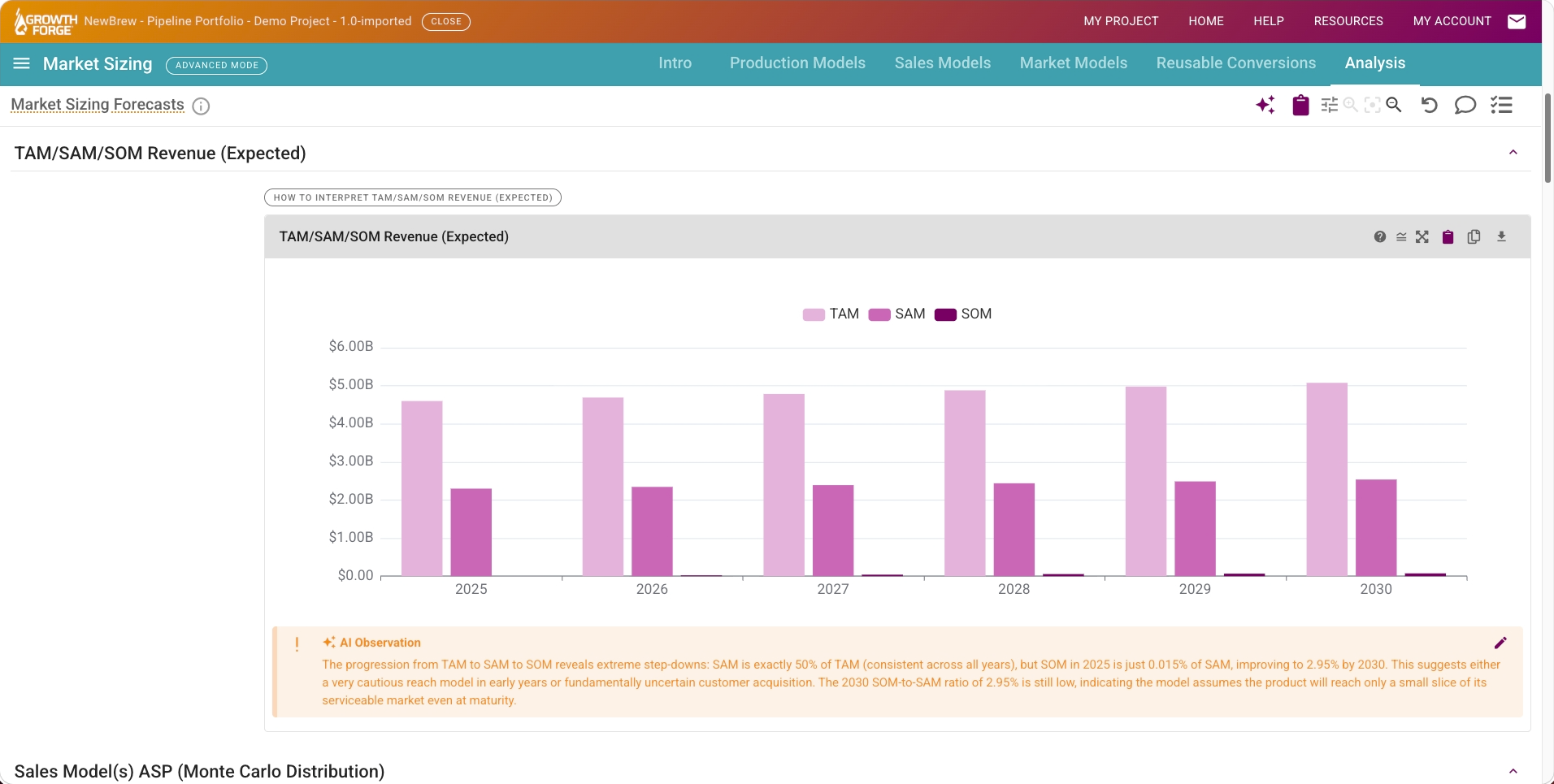 Growth Forge Market Sizing: Analysis tab: TAM to SAM to SOM forecast