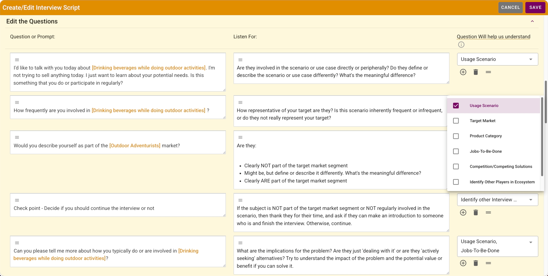 Growth Forge Problem Discovery: The script editor with intent-tagged questions