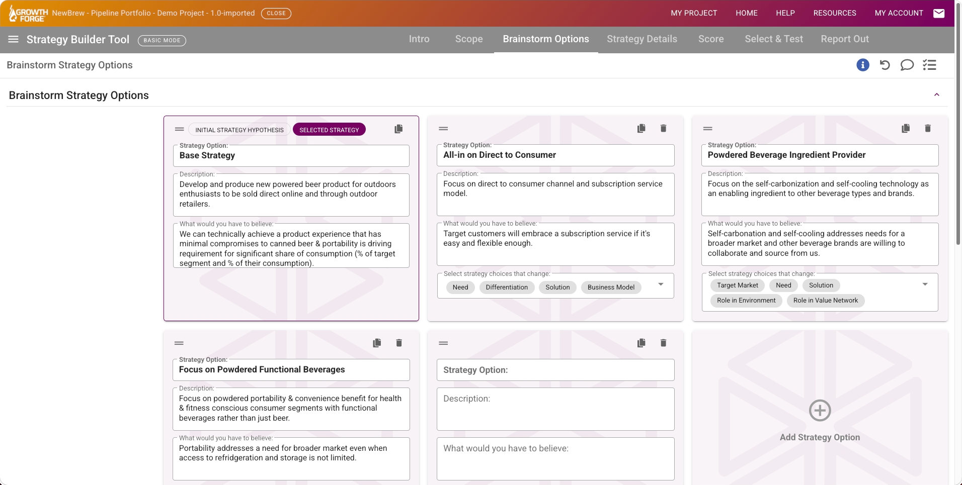 Growth Forge Strategy Builder: The candidate-strategy cards side by side
