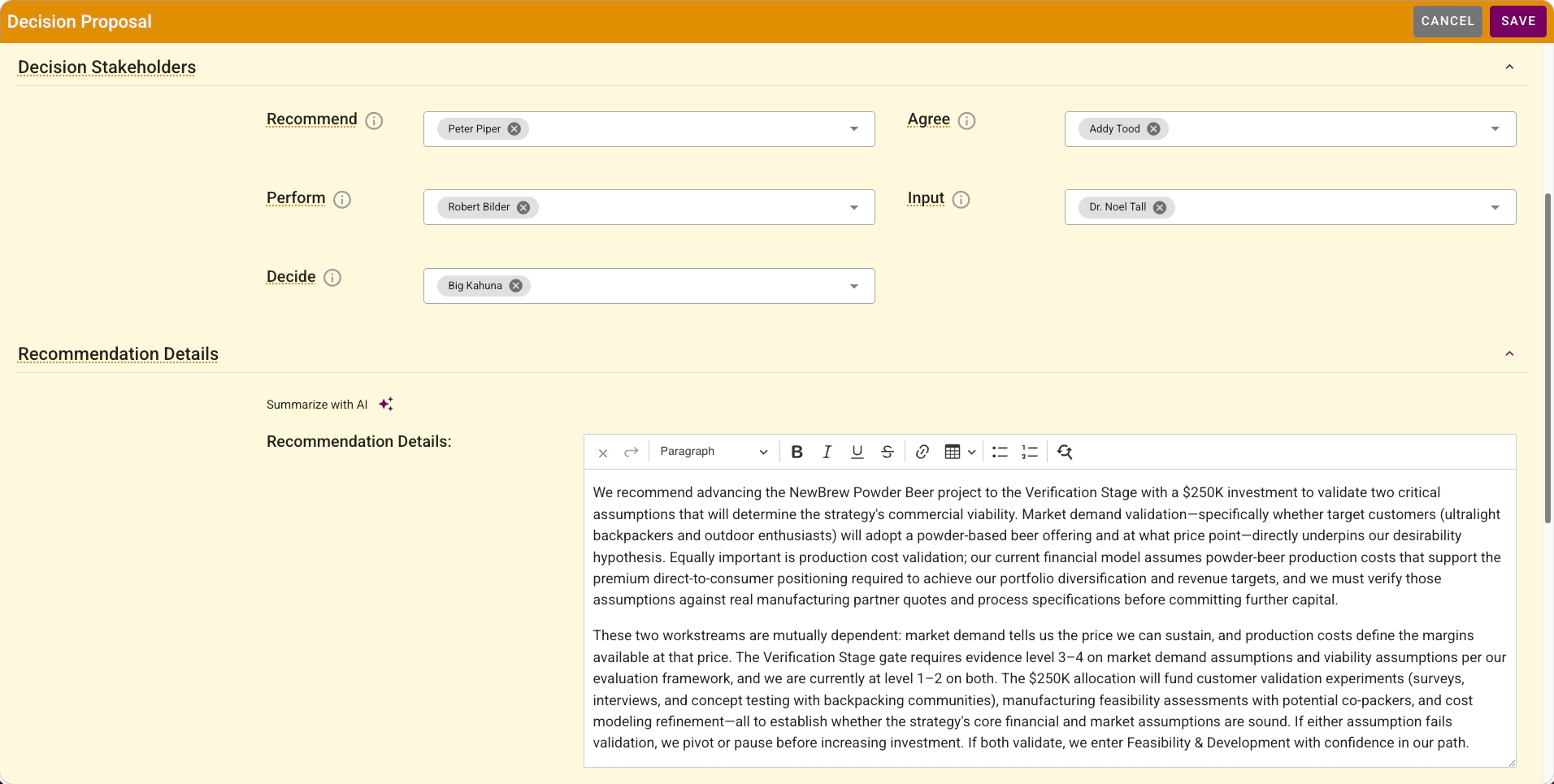 Growth Forge Decision Making: Decision form showing roles and summary