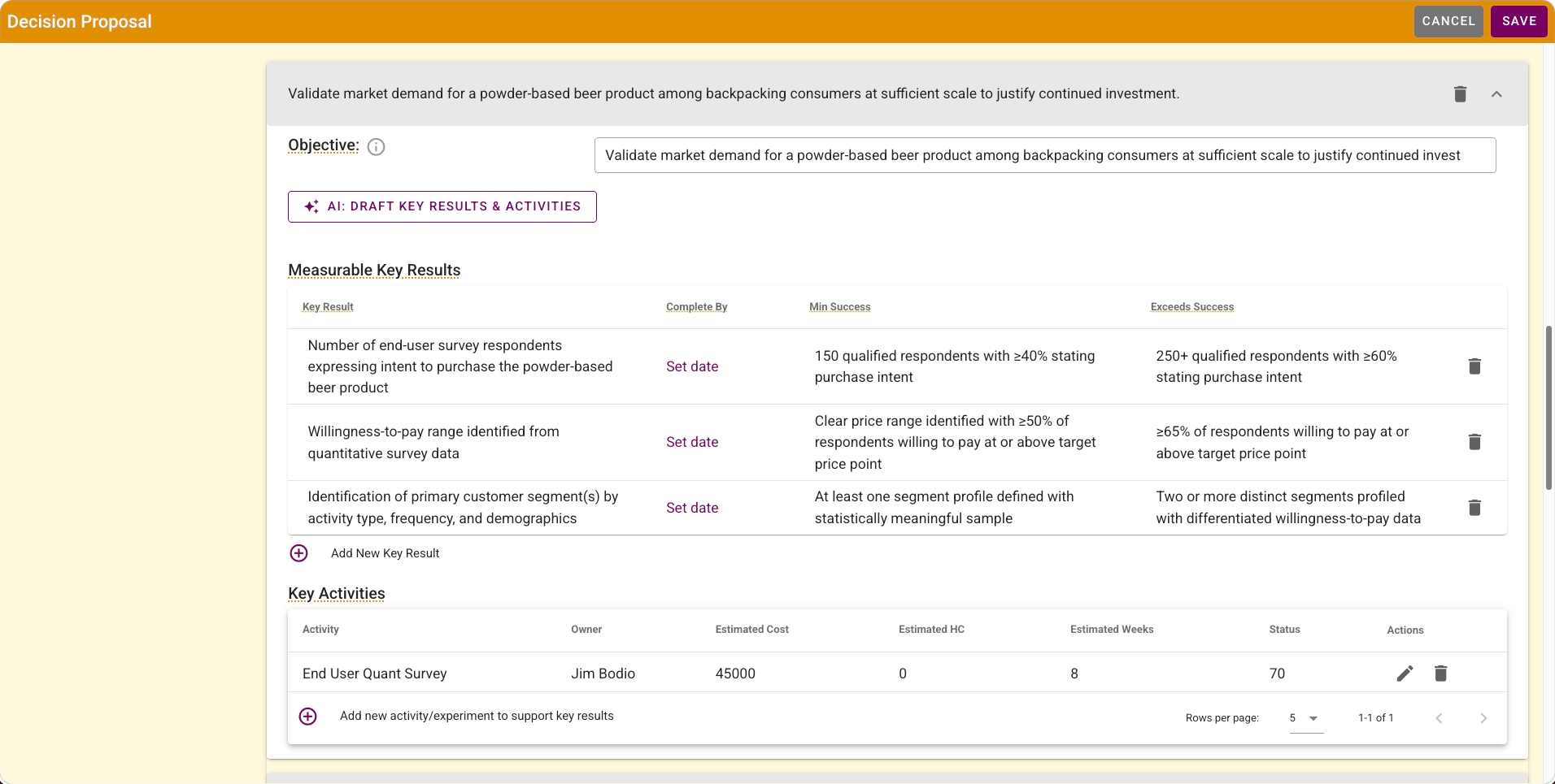 Growth Forge Decision Making: Decision form showing OKR details