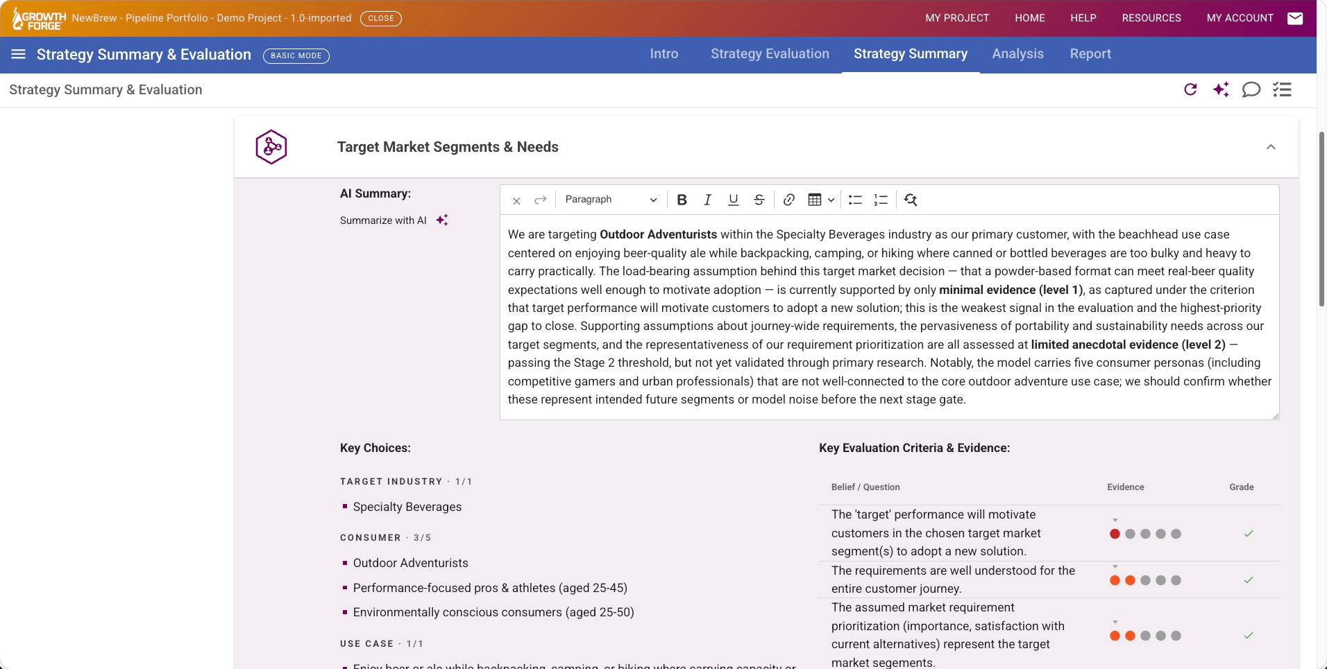 Growth Forge Strategy Evaluation: Strategy summary for Target Market & Needs dimension with key choices and evaluation-criteria evidence scoring with completion/pass tally
