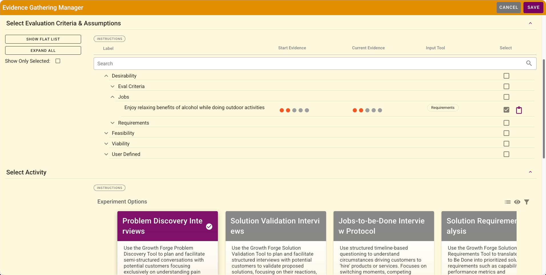 Growth Forge Evidence Gathering: Create/edit experiment form