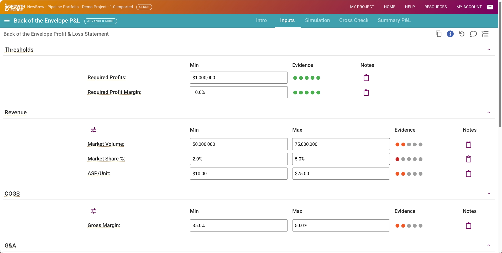 Growth Forge Back-of-the-Envelope P&L: Model input fields with ranges and evidence level