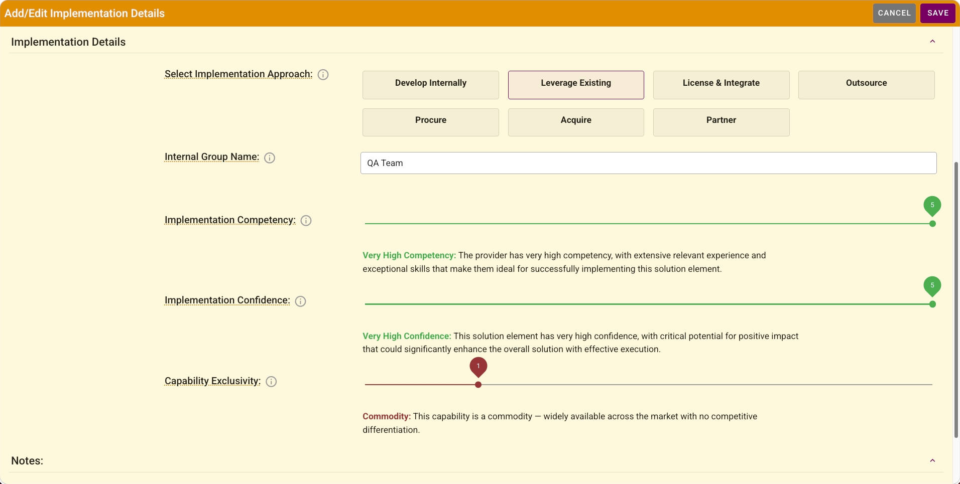 Growth Forge Implementation Planning: Implementation approach form showing approach, provider, and competency, confidence, and exclusivity assessment.