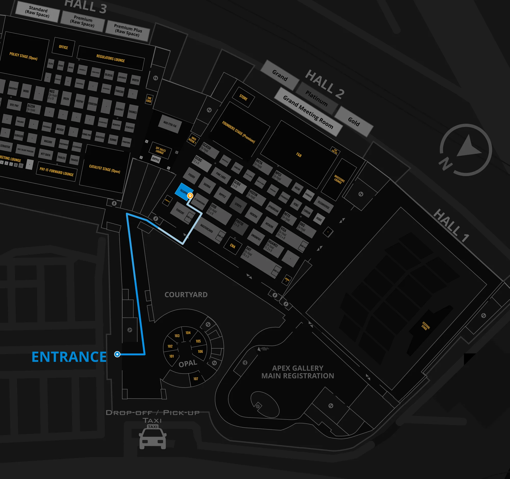 Floor map of Singapore EXPO with the walking route from the entrance, past the courtyard, into Hall 2 to the Tazapay booth