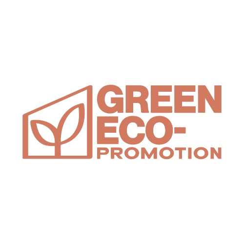 Logo with a leaf inside a slanted rectangle and the text 'GREEN ECO-PROMOTION' in bold letters.