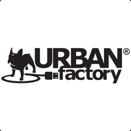 Urban Factory logo with a stylized black French bulldog standing on a coiled cable connected to a plug next to the text.
