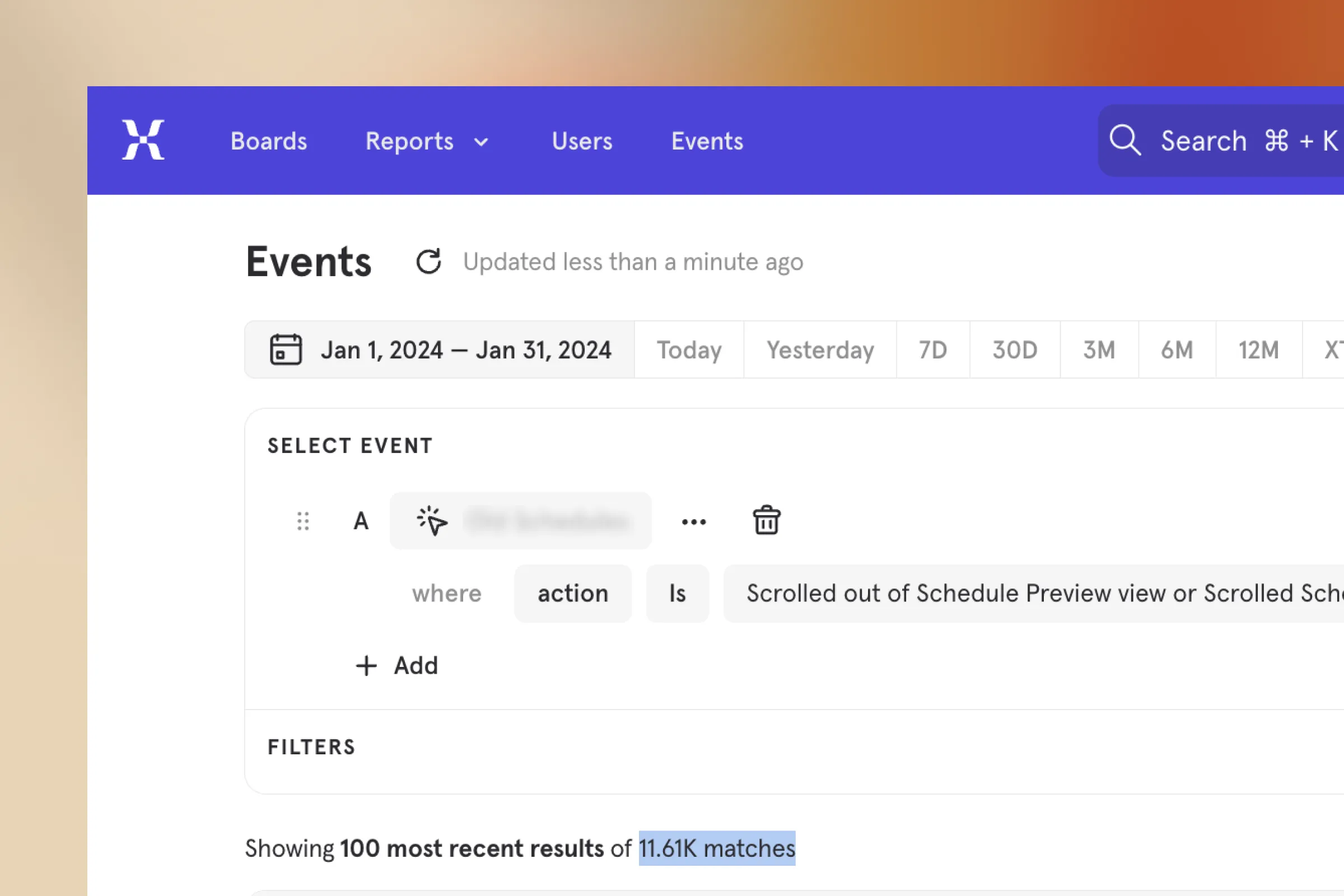 metrics showing 11,000 users triggering scroll events and 6 event per user in a month