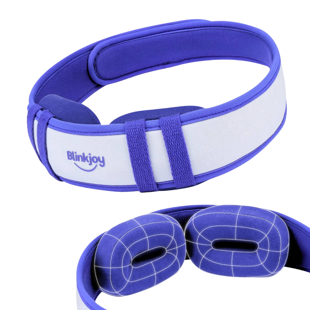 Blinkjoy microwavable heated eye mask product render showing adjustable headband and contoured eye cup design for dry eye relief