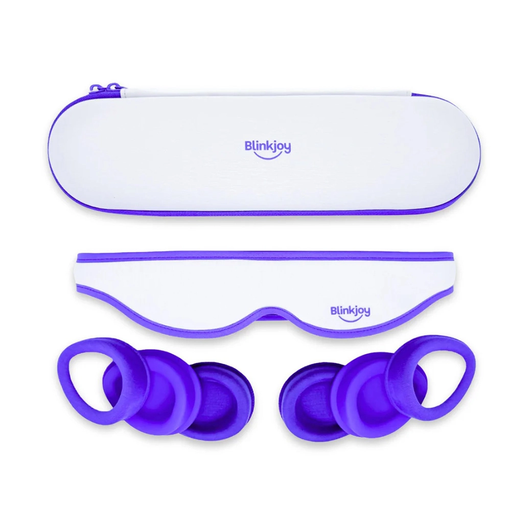Blinkjoy sleep eye mask full kit showing carrying case, moisture mask, and interchangeable silicone eye cup inserts, designed by Spitfire Industry