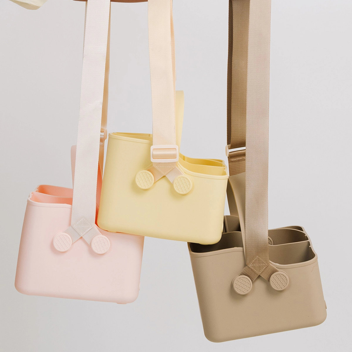 All three Bevvy Tote colorways — Sprinkle, Butter, and Latte — shown hanging together