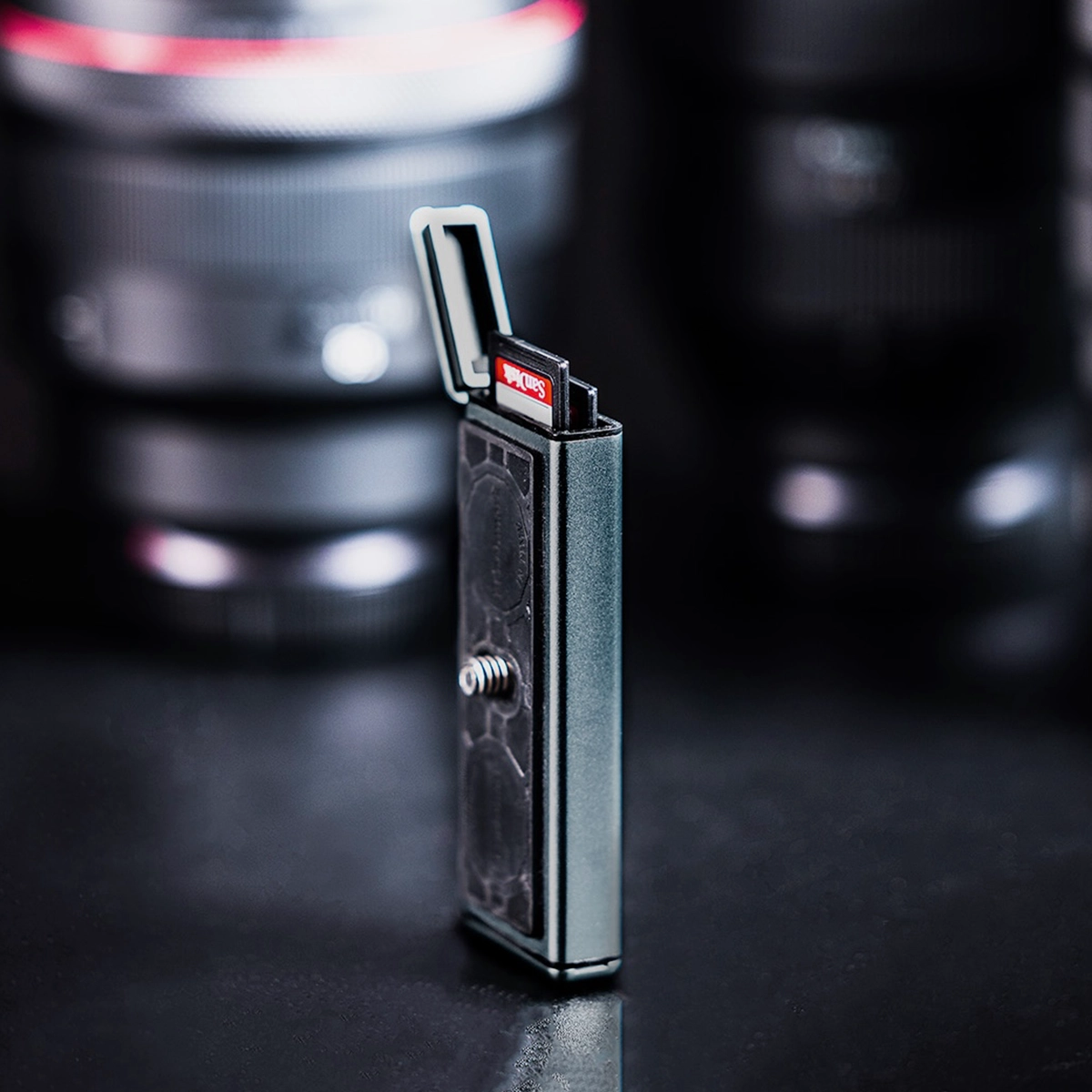 Sidekick SD card case's sleek weatherproof profile, a camera accessory designed and developed by Spitfire
