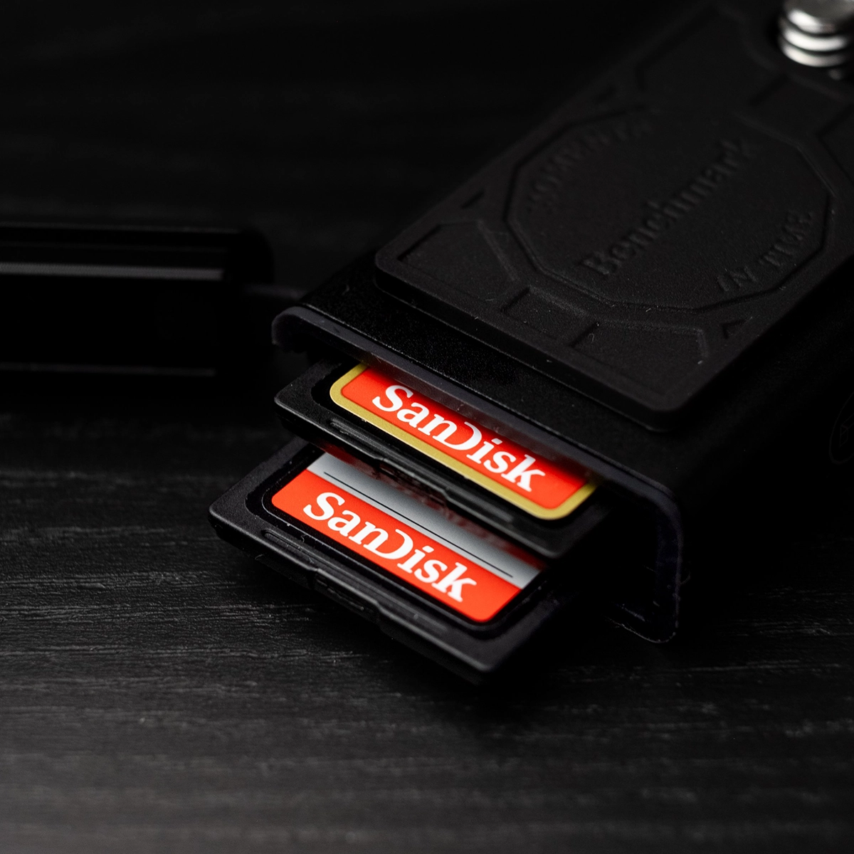 Sidekick SD card case holding up to four SD cards, camera storage product designed by Spitfire