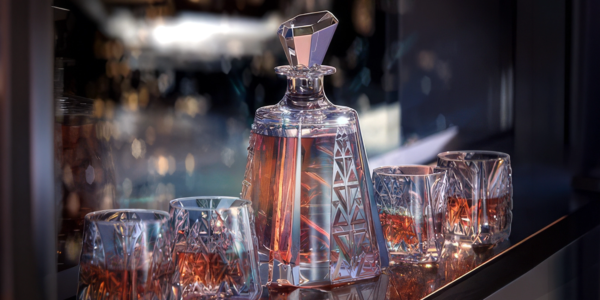 Ashcroft whiskey decanter and glass set, a premium barware product designed and developed by Spitfire Industry