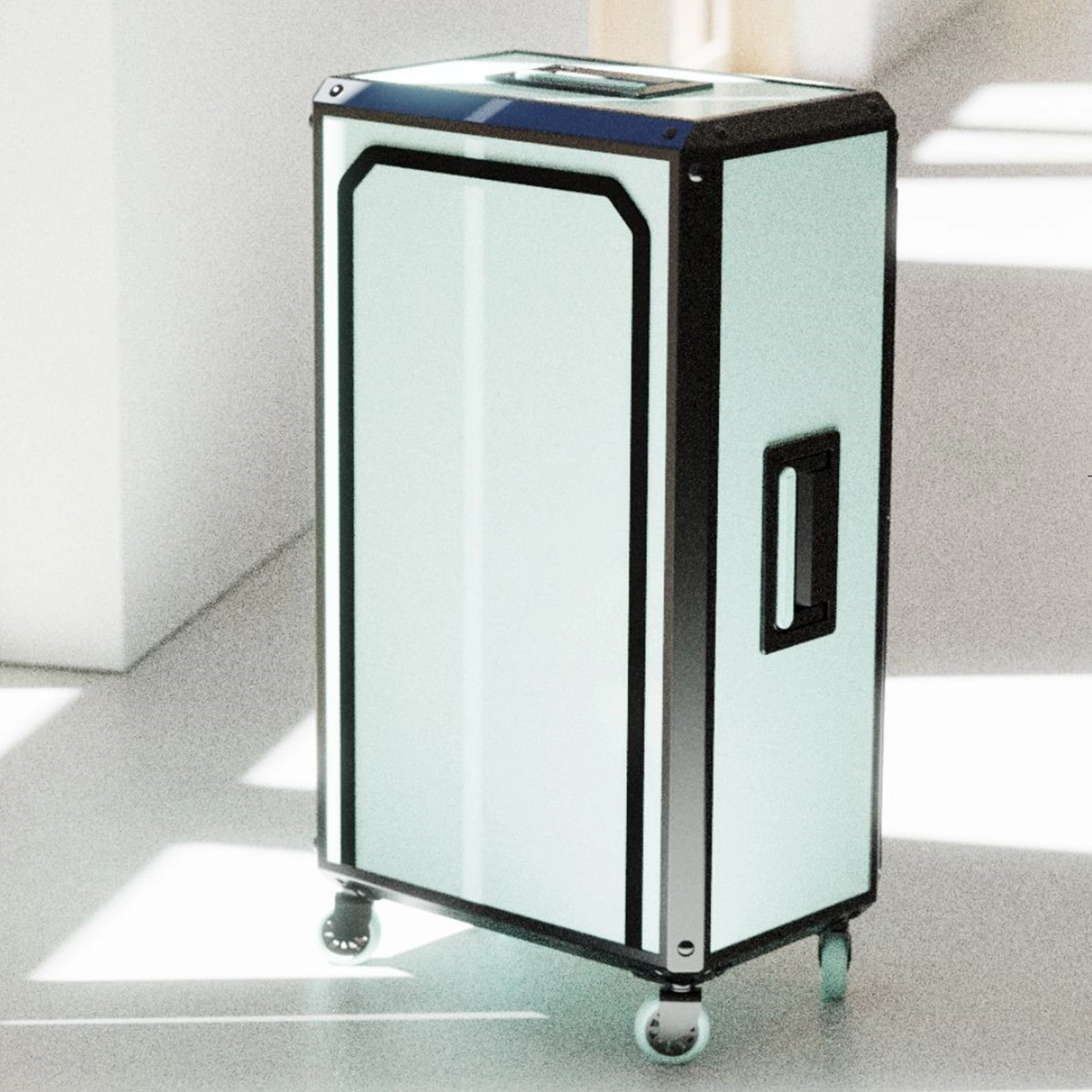 Revival case standing upright in sunlight, aluminum frame with a recessed handle, designed and developed in Brooklyn, New York