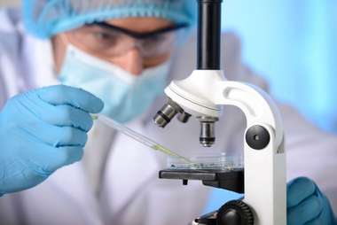 Scientist wearing gloves, mask, and protective eyewear using a pipette to place a sample on a microscope slide.