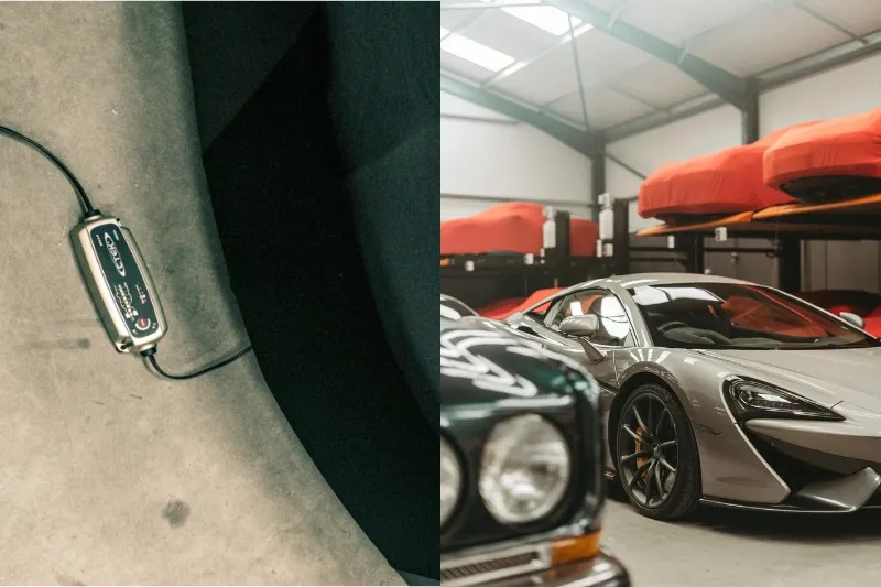 Correct battery conditioner connected to a supercar in dehumidified storage.