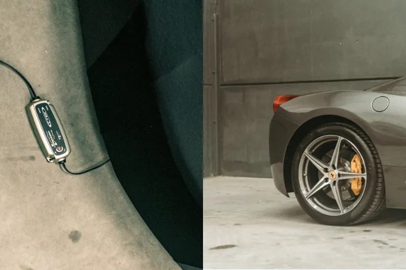 Smart battery conditioner connected for winter storage at Auto Classica and tyre cushions..