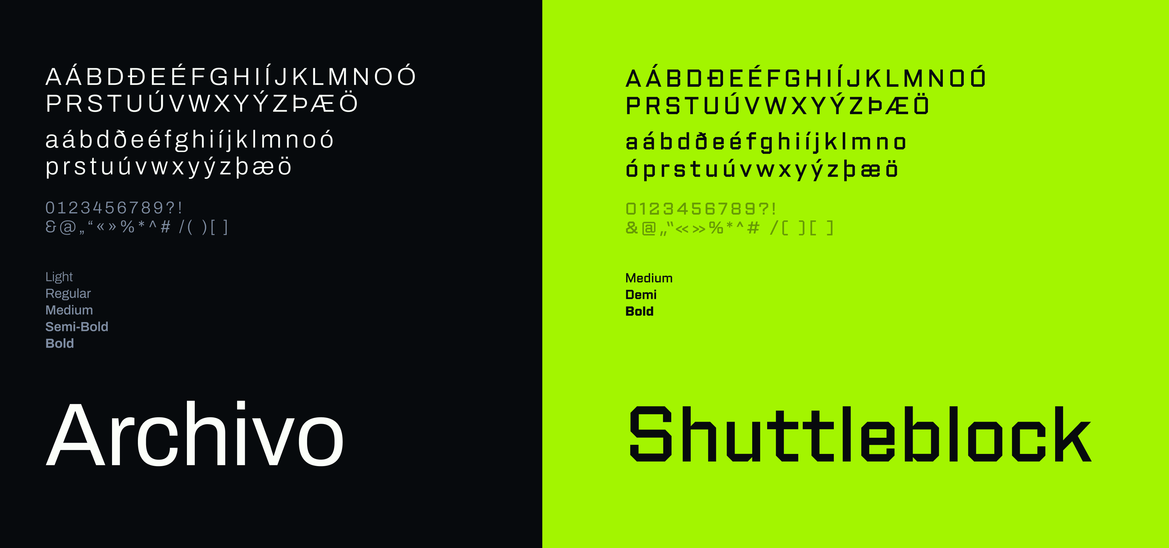 Archivo and Shuttleblock font shown on black and neon green backgrounds.
Archivo and Shuttleblock font styles with sample alphabets and digital number illustrations displayed.