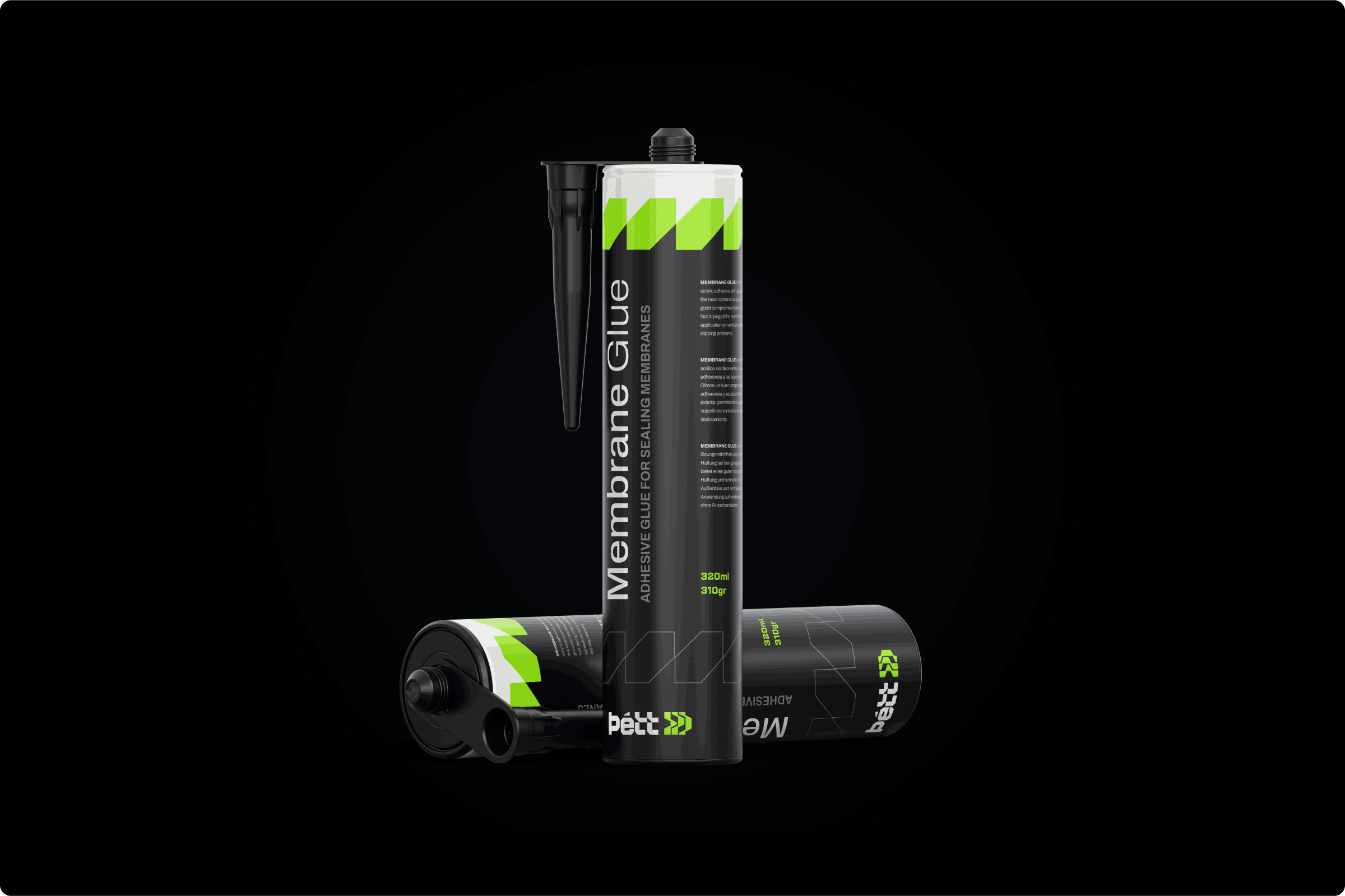 Þétt branded mockup of membrane glue tubes on black background, featuring black and neon green graphics.