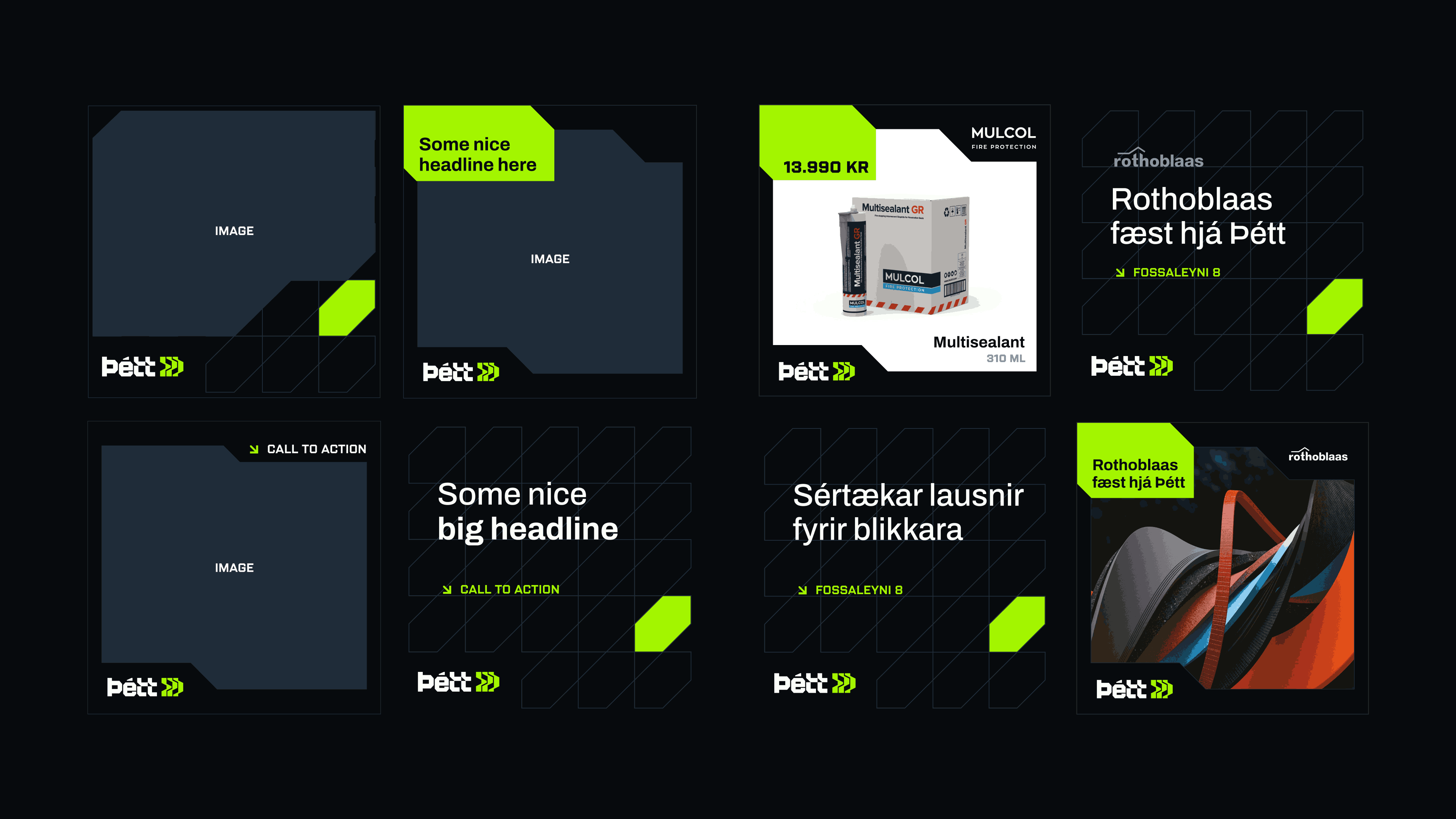 Dark template design for social media, with neon green accents, Icelandic text, and minimal product images featured.