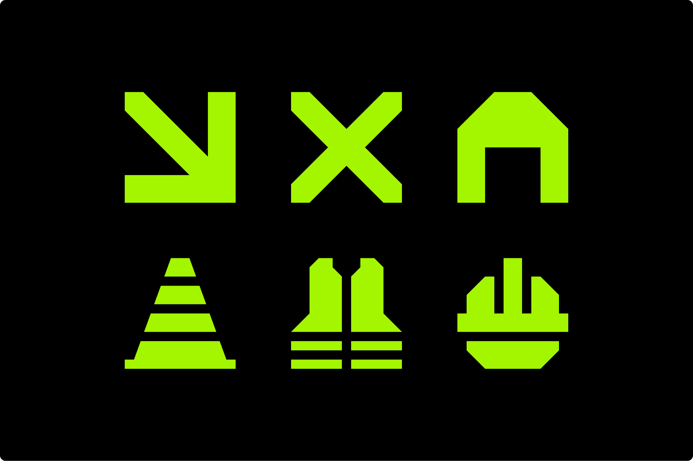 A set of neon green construction icons on a black background.