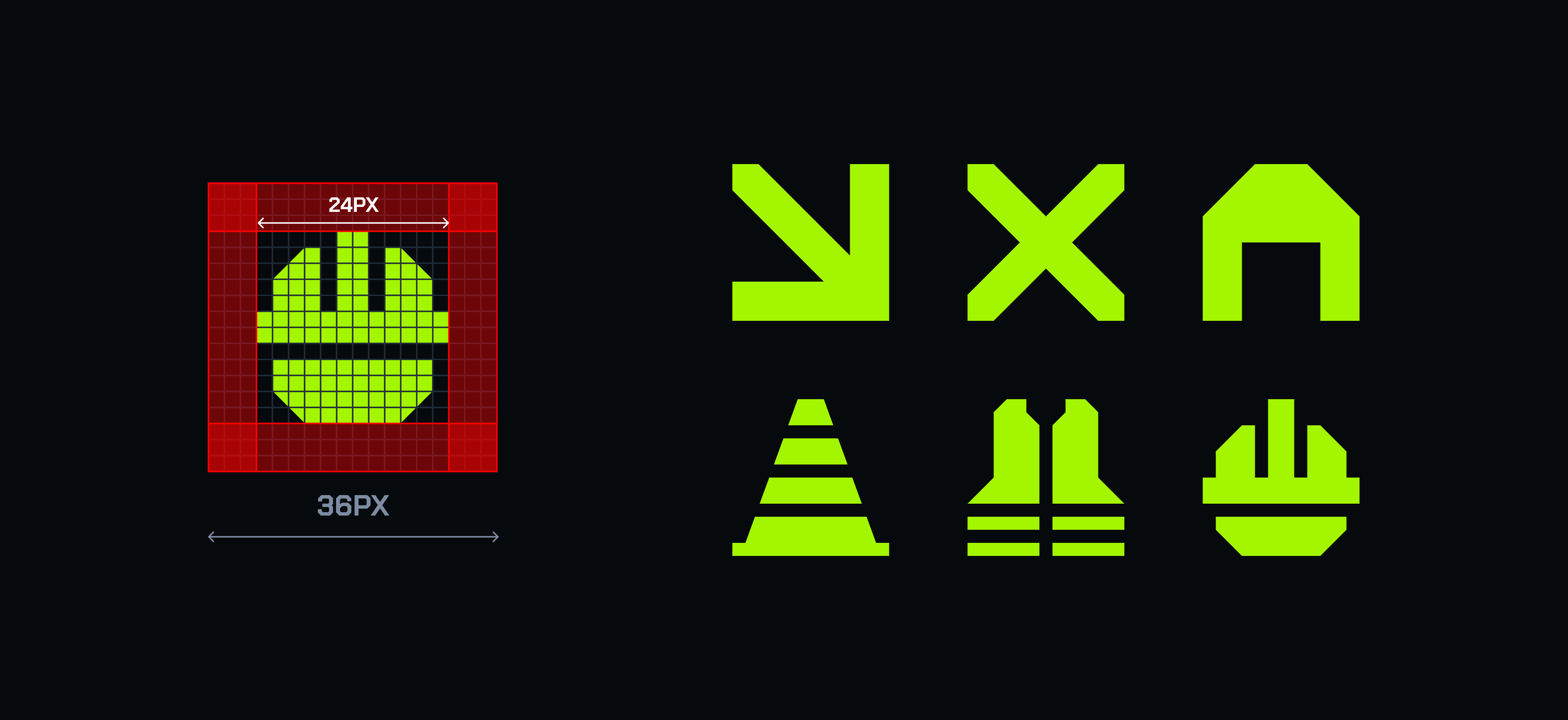 Neon green construction icons including hard hat, vest, and traffic cone on a black background with a grid pattern.