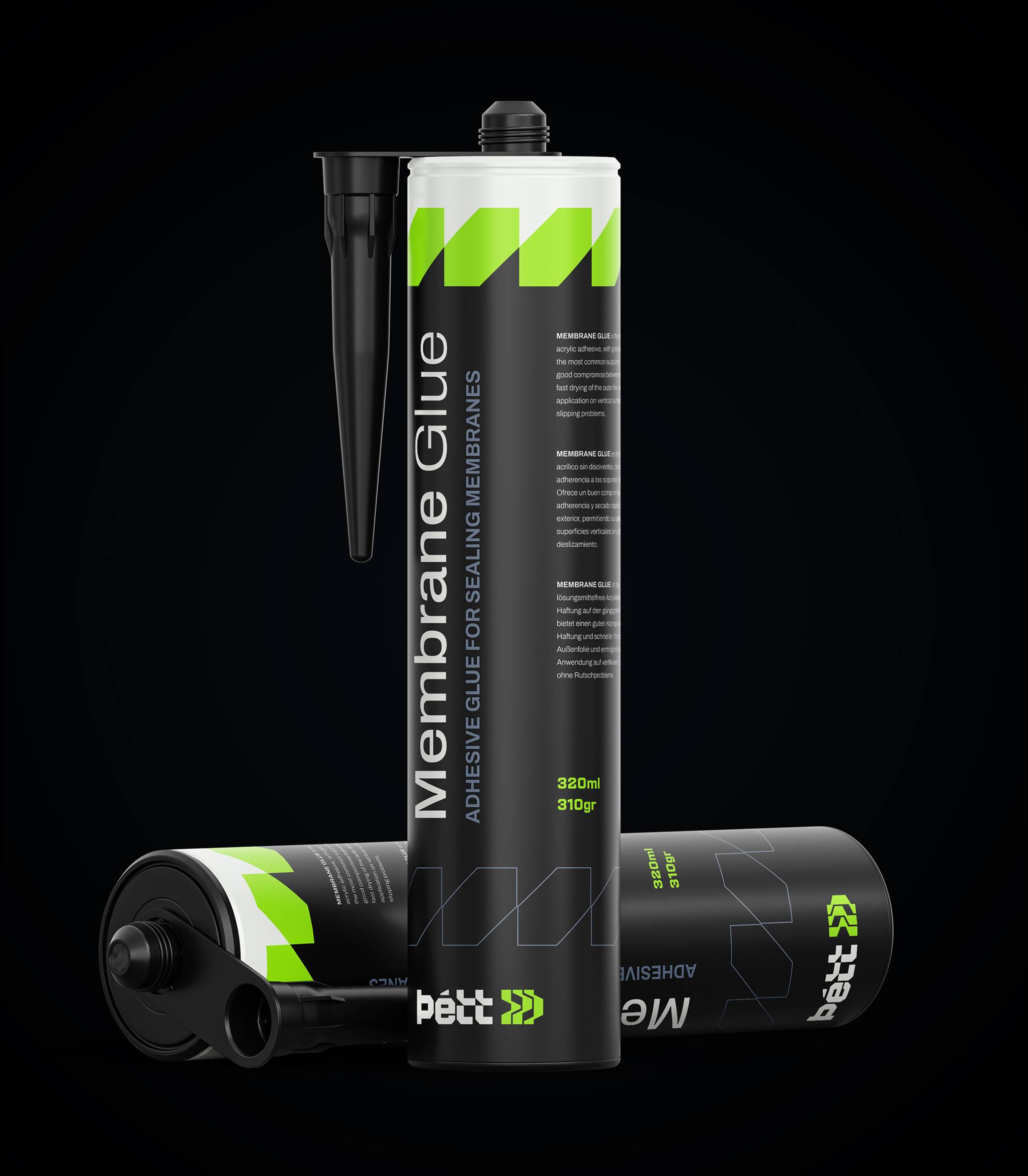 Þétt branded mockup of membrane glue tubes on black background, featuring black and neon green graphics.