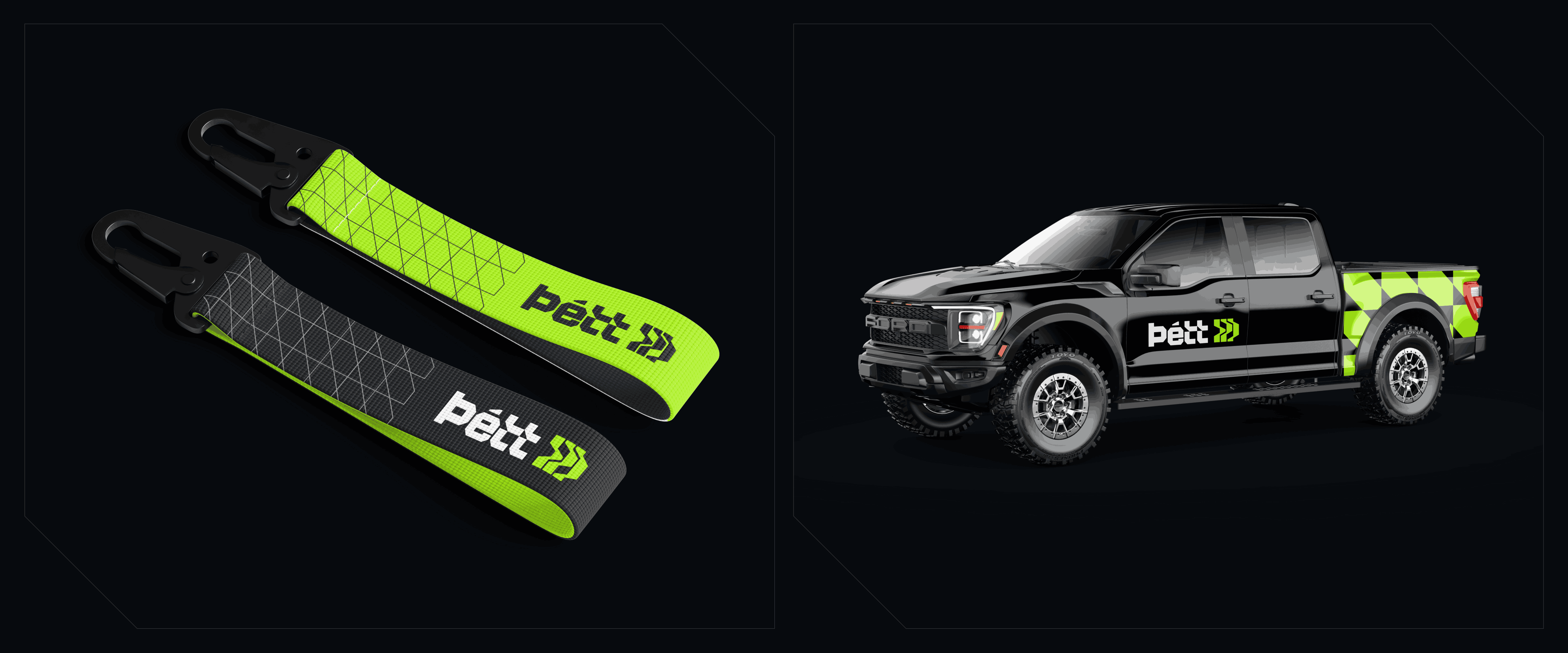Black truck with neon green Þétt branding and branded wrist key lanyards.