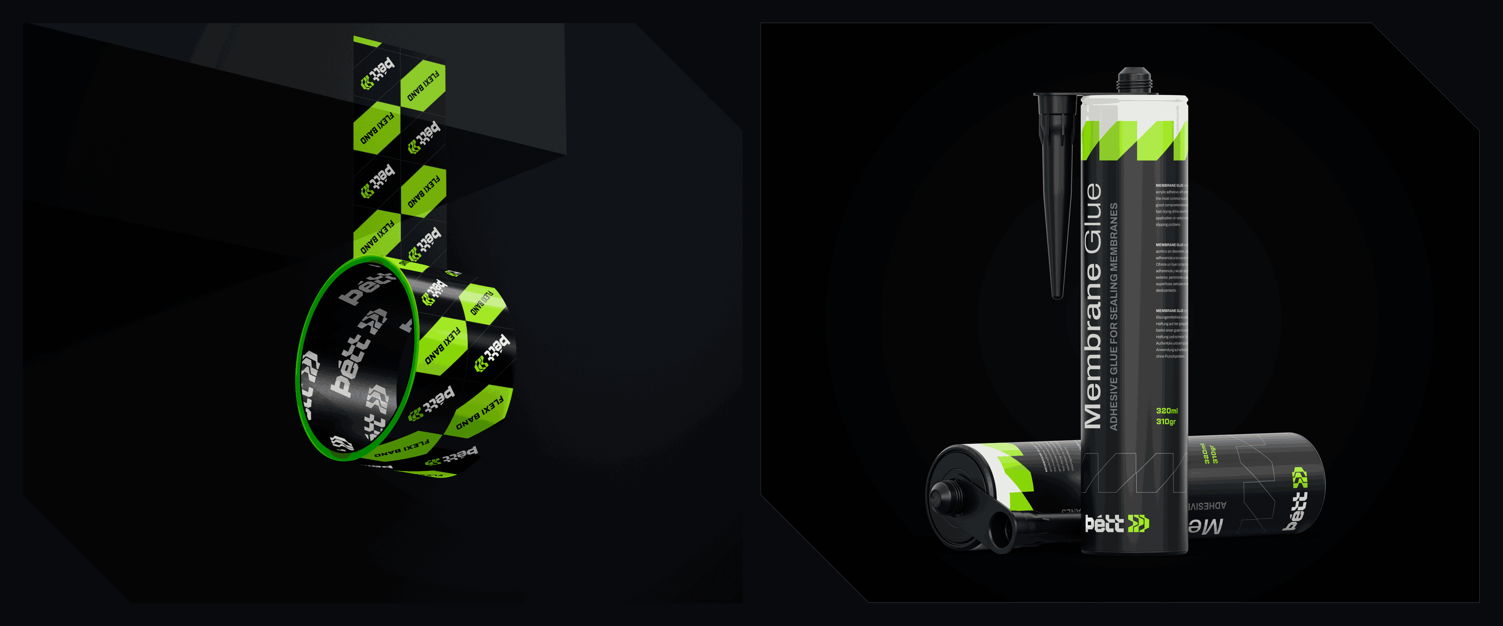 Black and neon green Þétt branded membrane glue tubes and branded tape.