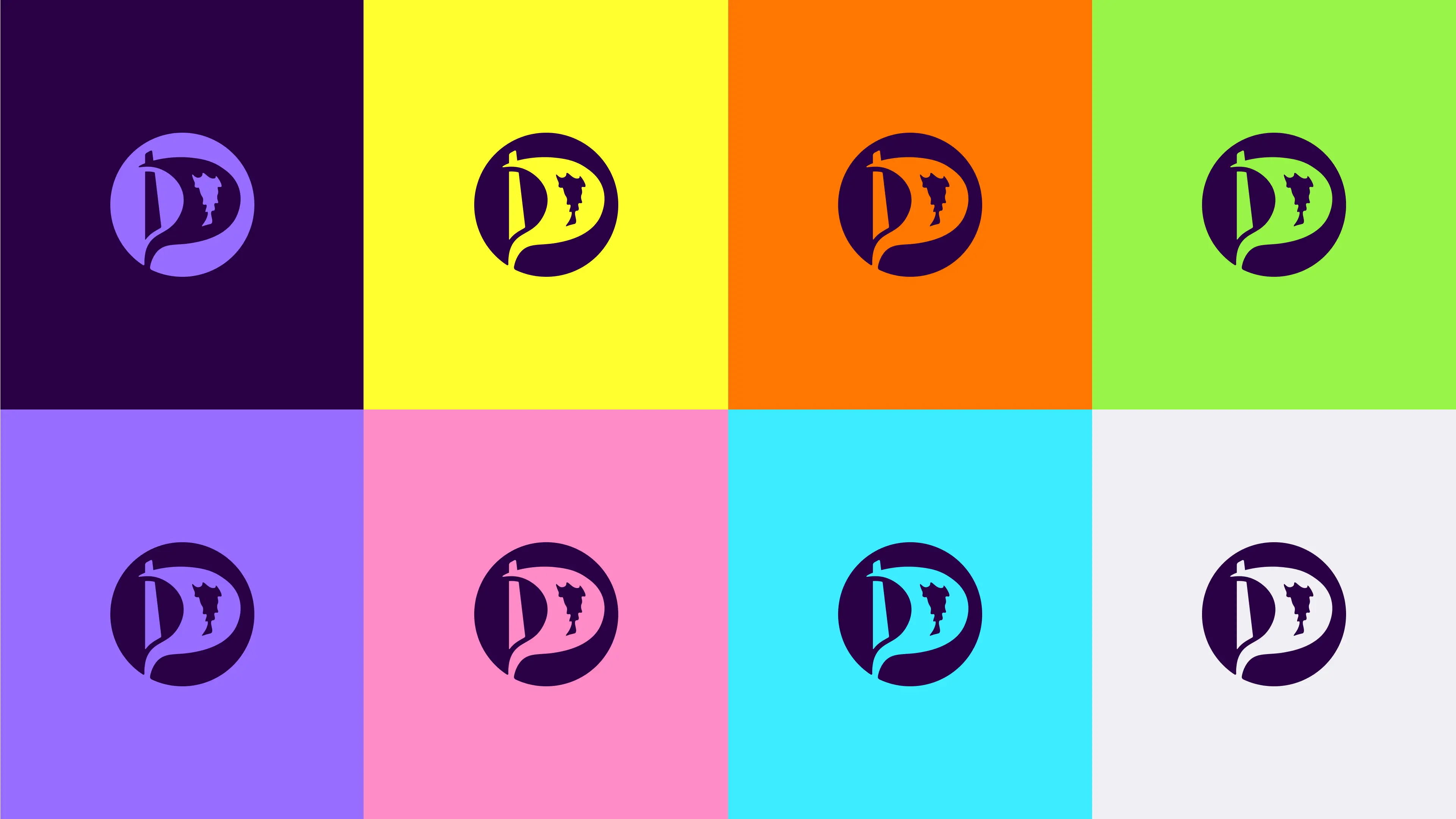 Píratar logomark on various vibrant backgrounds.
